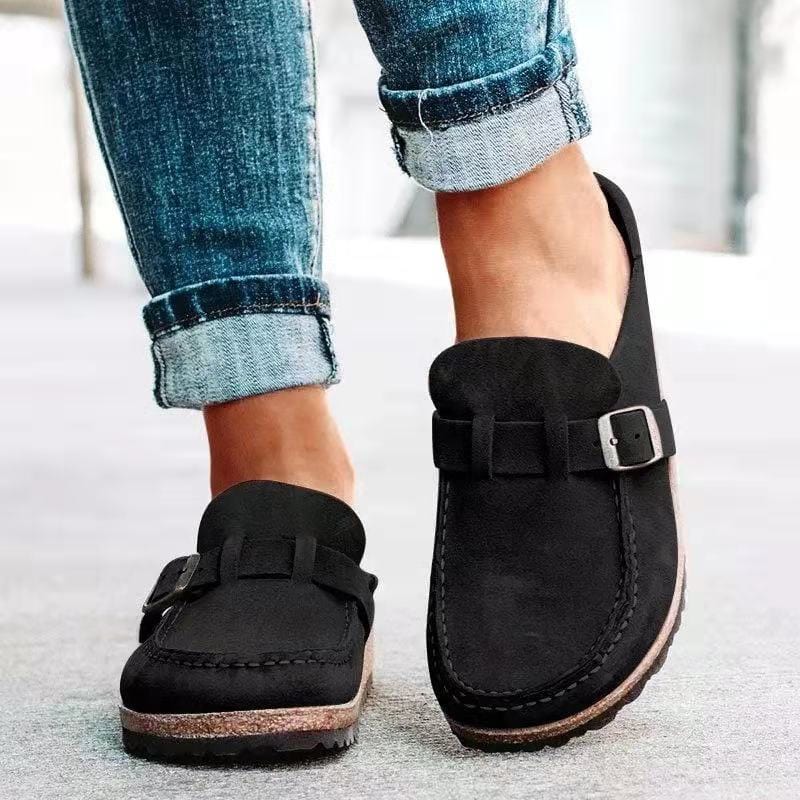 Round-Toe Low Heel Buckle Flats