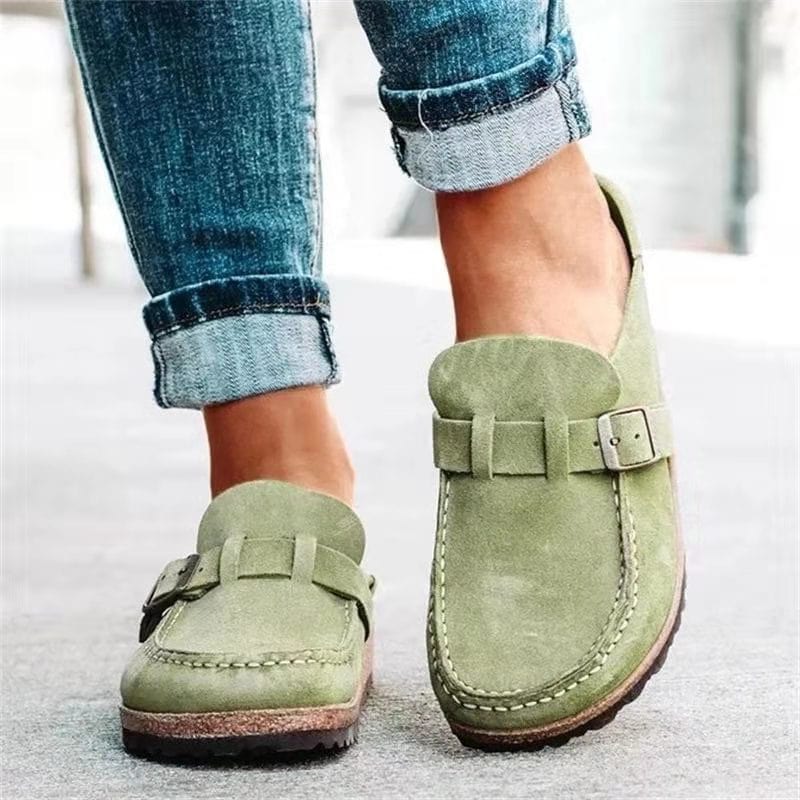 Round-Toe Low Heel Buckle Flats