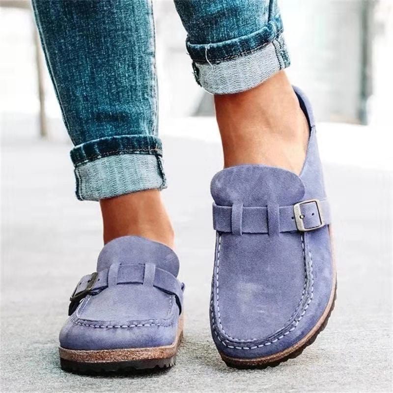 Round-Toe Low Heel Buckle Flats