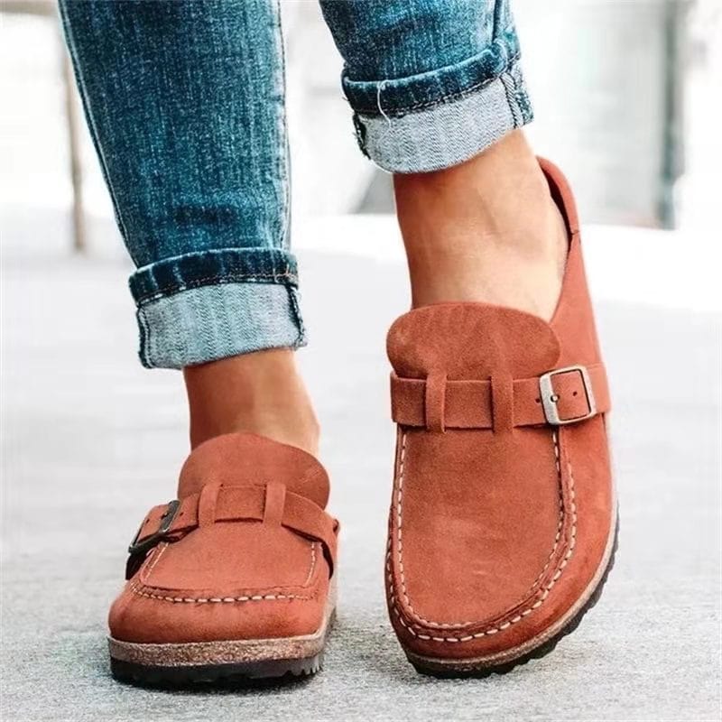 Round-Toe Low Heel Buckle Flats
