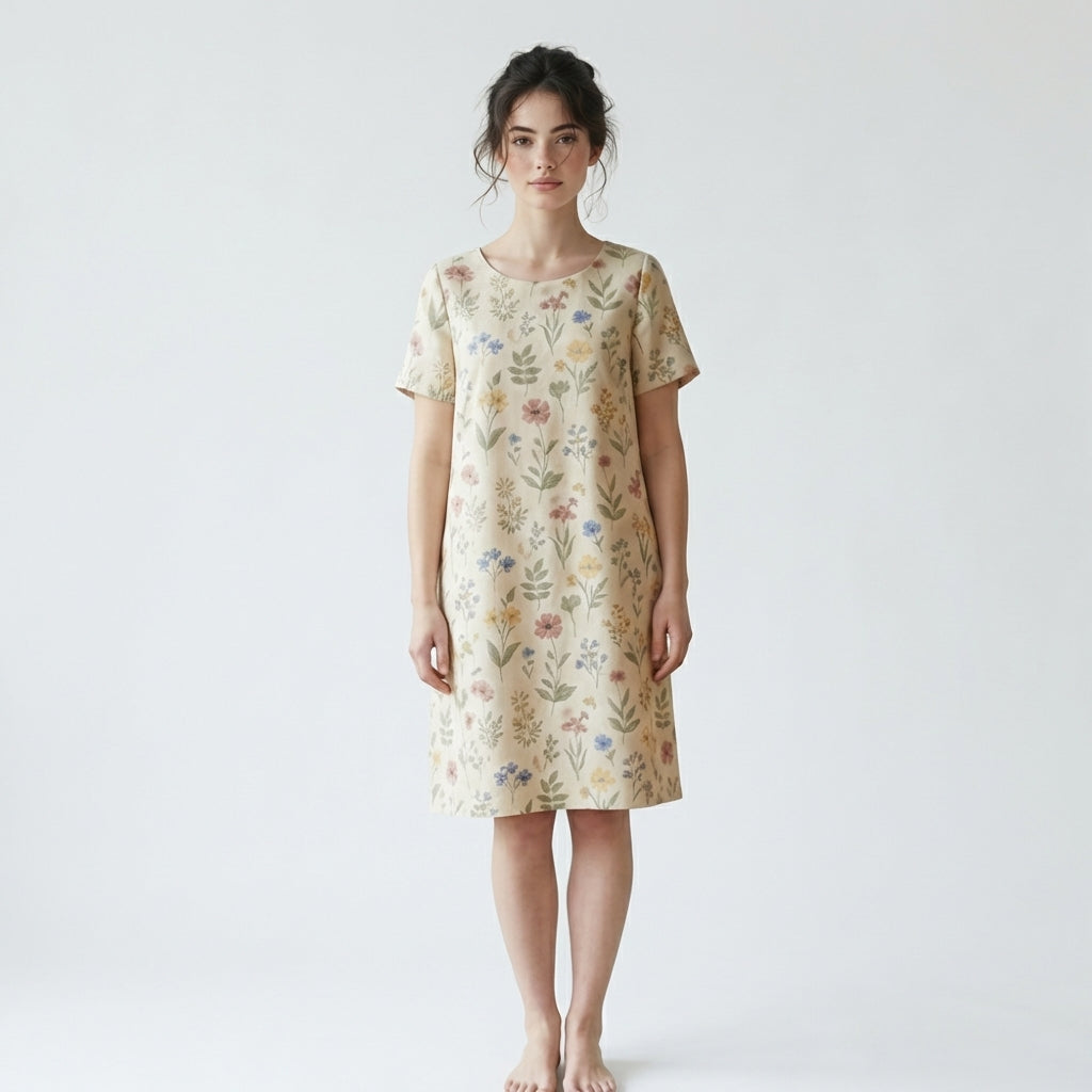 Beige Floral Cotton Dress